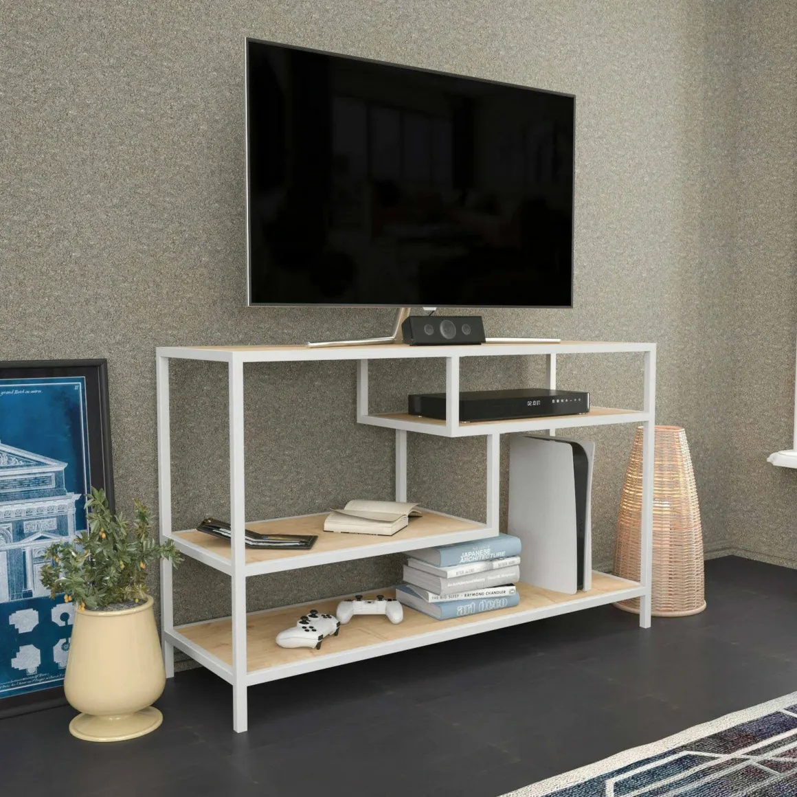 Mobile TV bianco e rovere 120x39x75h cm in legno - Ivette