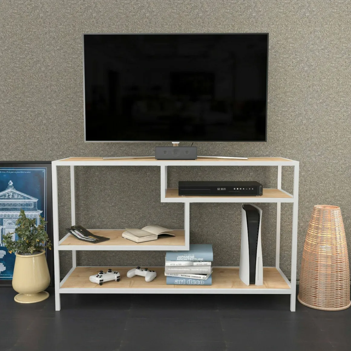 Mobile TV bianco e rovere 120x39x75h cm in legno - Ivette