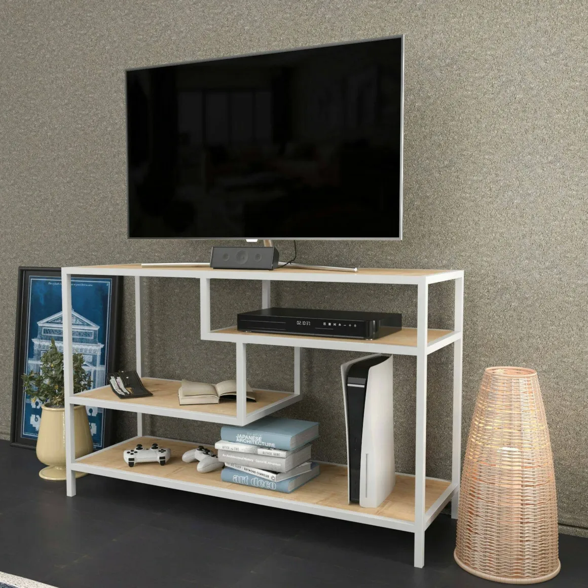 Mobile TV bianco e rovere 120x39x75h cm in legno - Ivette