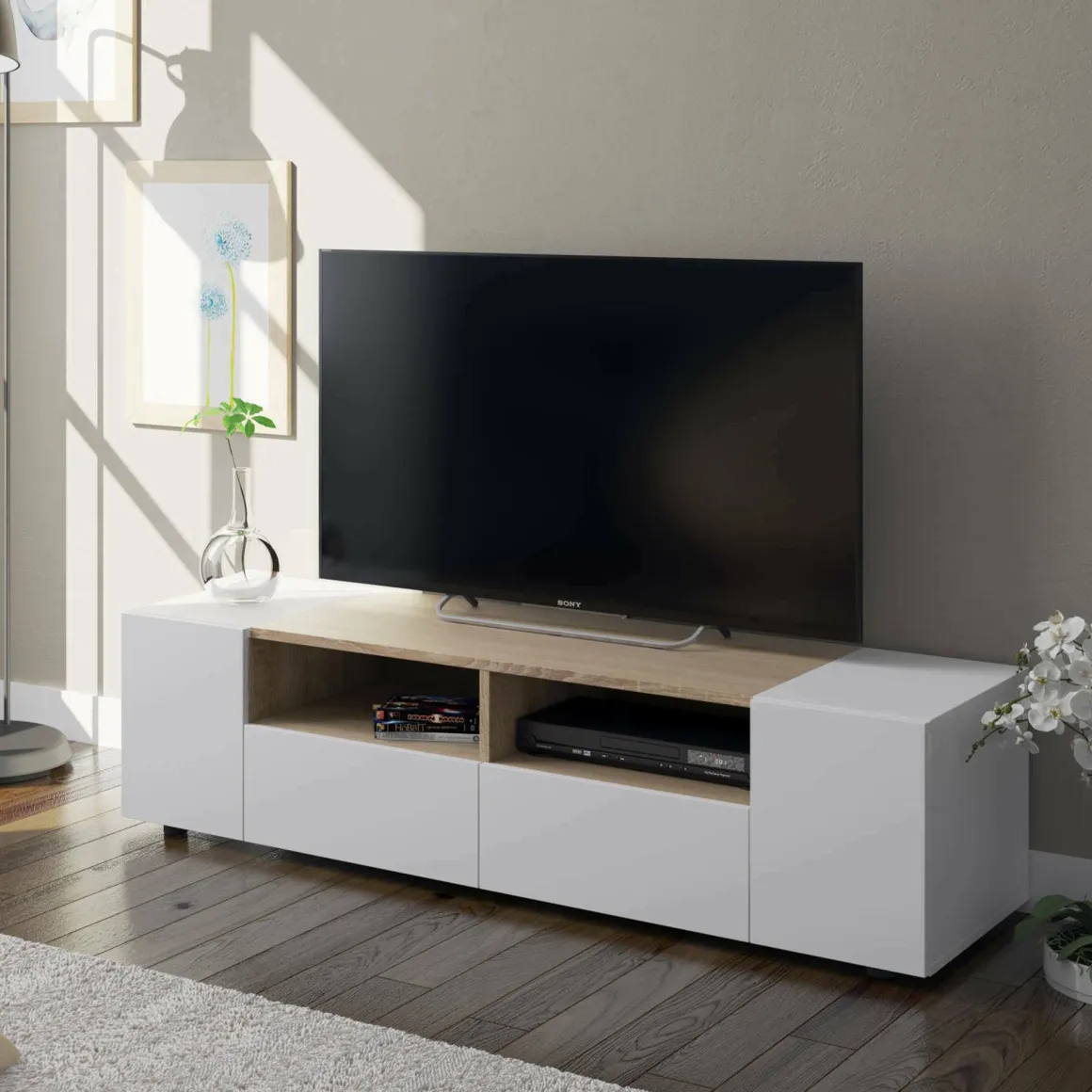 Mobile TV bianco e rovere 138x42x36h cm 4 ante - Ebe