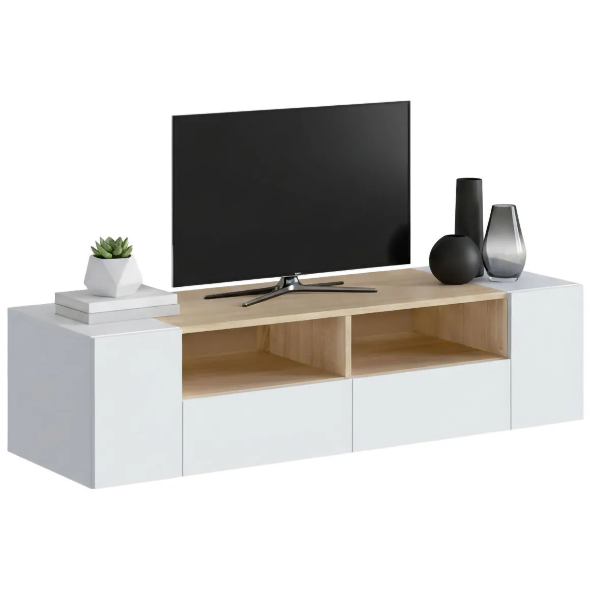 Mobile TV bianco e rovere 138x42x36h cm 4 ante - Ebe