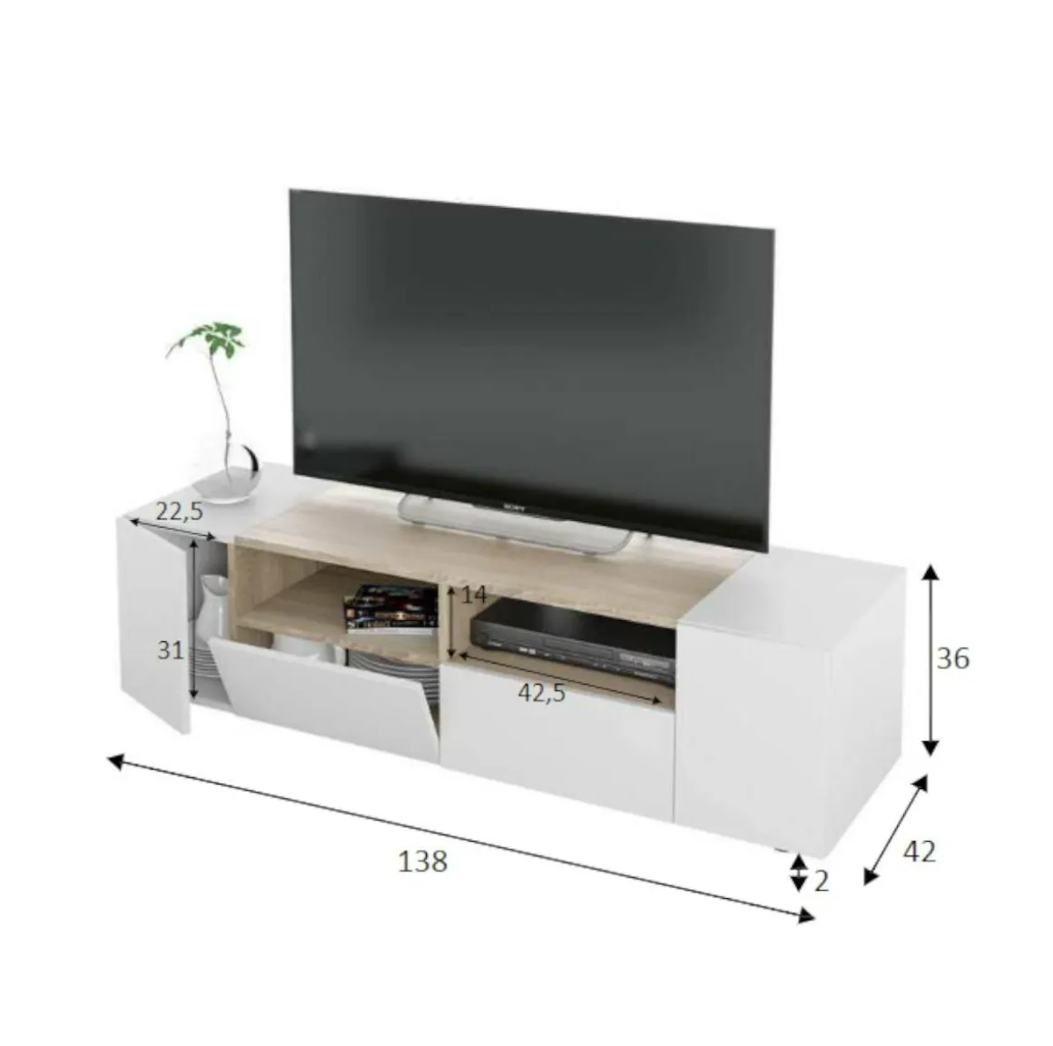 Mobile TV bianco e rovere 138x42x36h cm 4 ante - Ebe