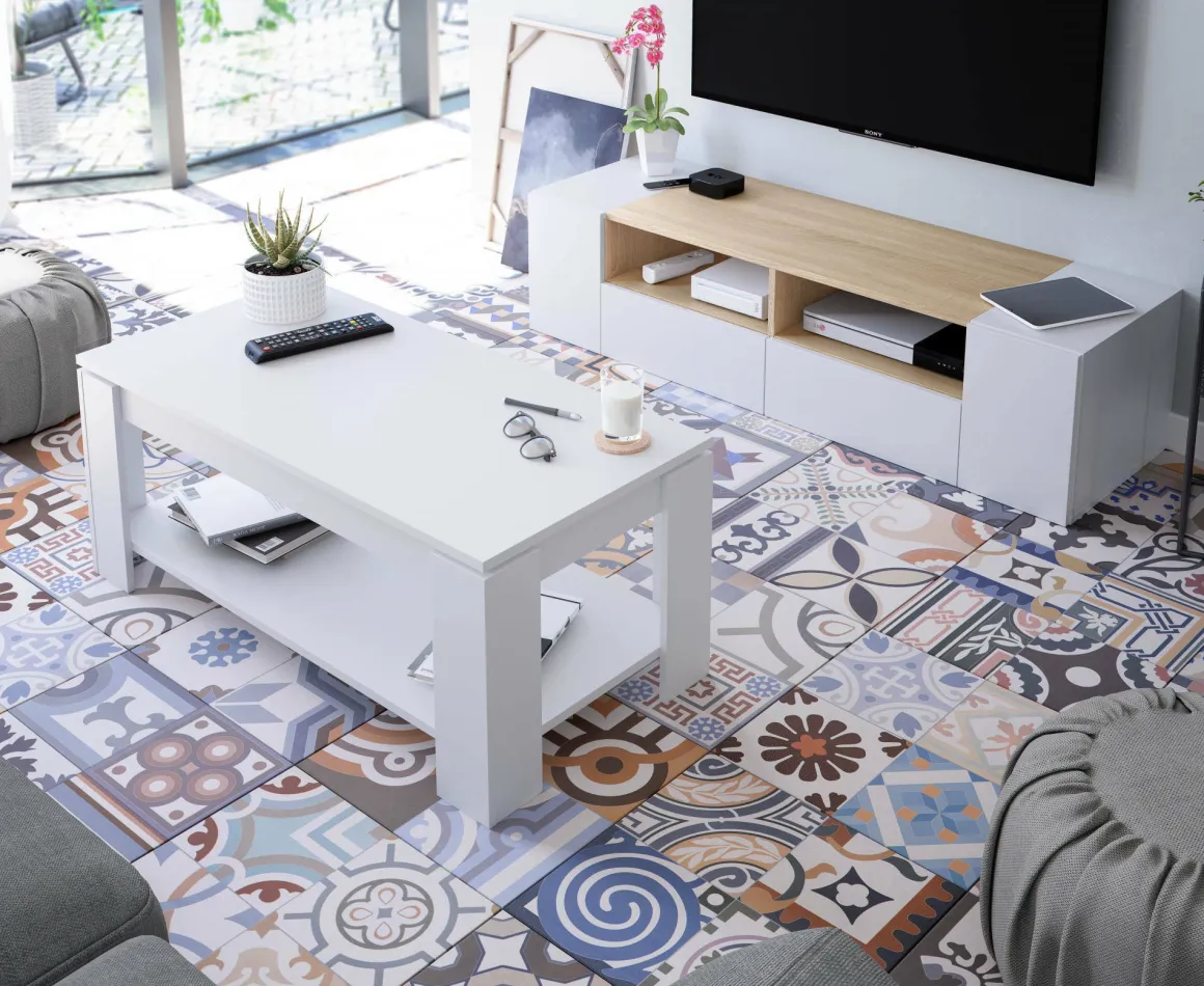 Mobile TV bianco e rovere 138x42x36h cm 4 ante - Ebe