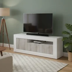 Mobile TV bianco lucido e acacia 138x42x56h cm 3 ante - Iole