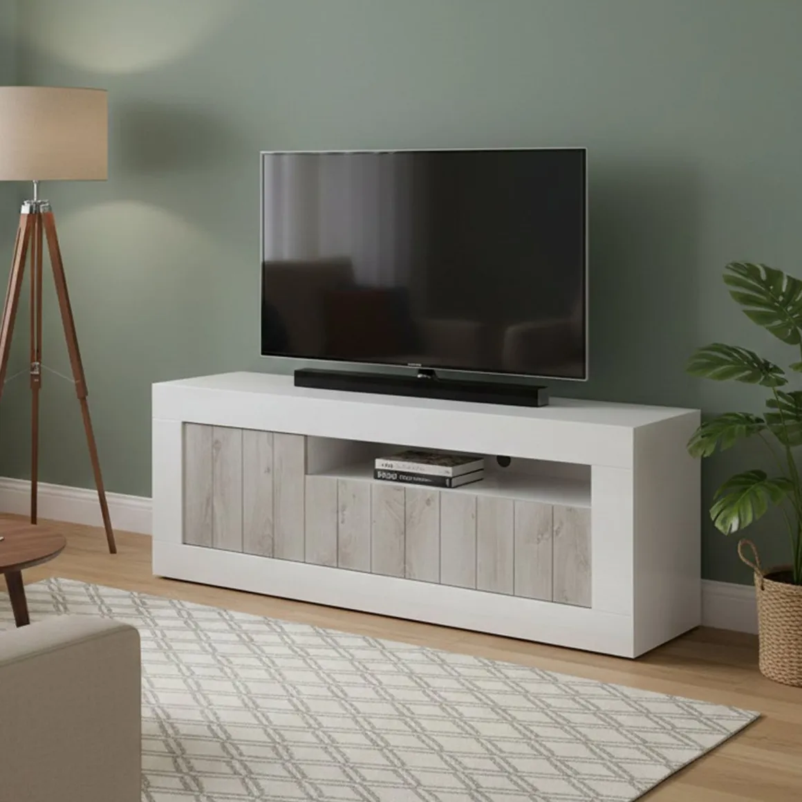Mobili Porta Tv > Dmora Mobile TV bianco lucido e acacia 184x42x58h cm in legno - Arkangel Marrone Acacia, Bianco Lucido