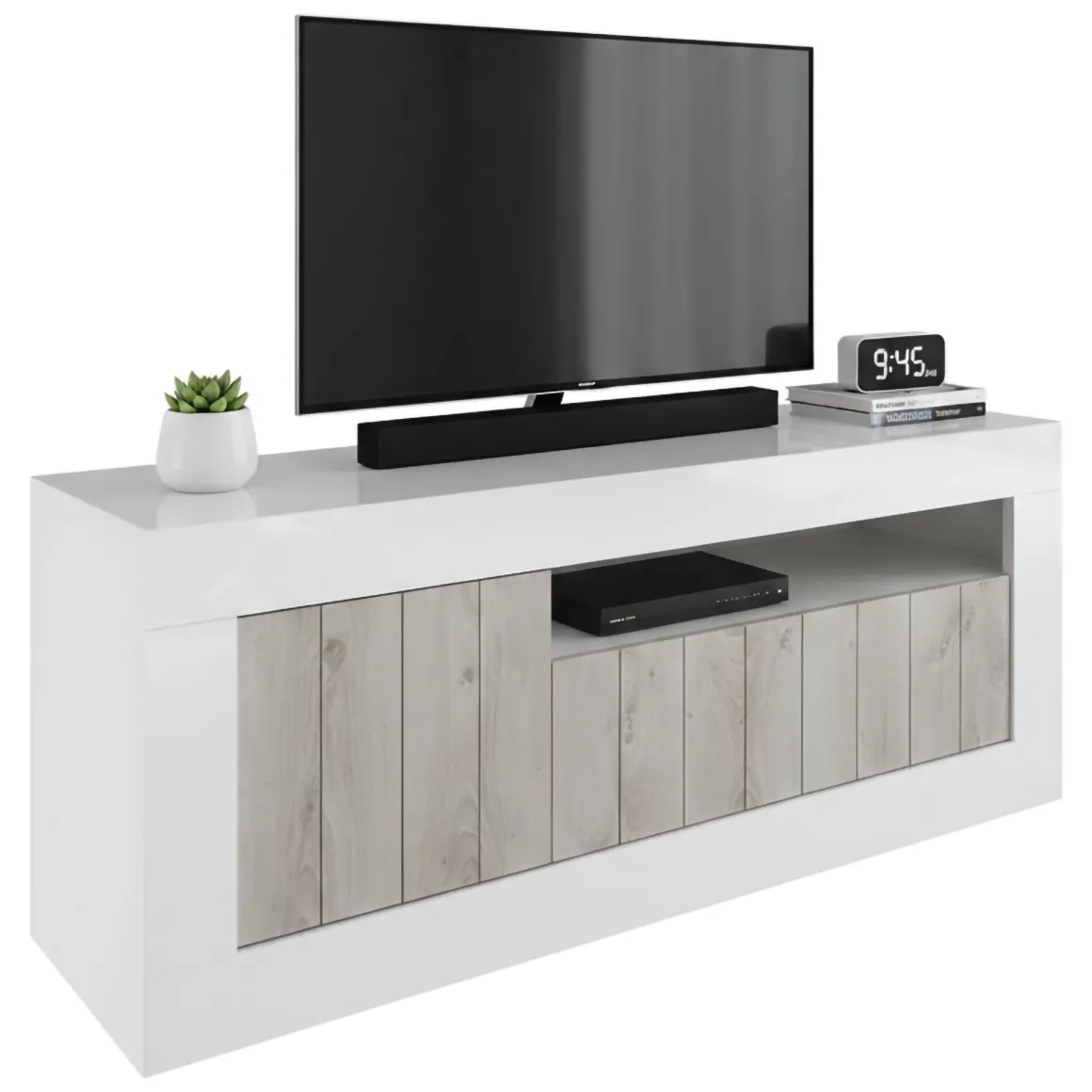 Mobili Porta Tv > Dmora Mobile TV bianco lucido e acacia 184x42x58h cm in legno - Arkangel Marrone Acacia, Bianco Lucido
