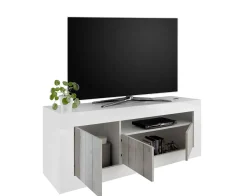 Mobili Porta Tv > Dmora Mobile TV bianco lucido e acacia 184x42x58h cm in legno - Arkangel Marrone Acacia, Bianco Lucido