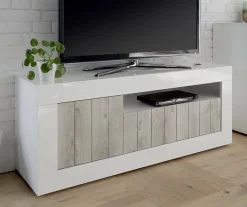 Mobili Porta Tv > Dmora Mobile TV bianco lucido e acacia 184x42x58h cm in legno - Arkangel Marrone Acacia, Bianco Lucido