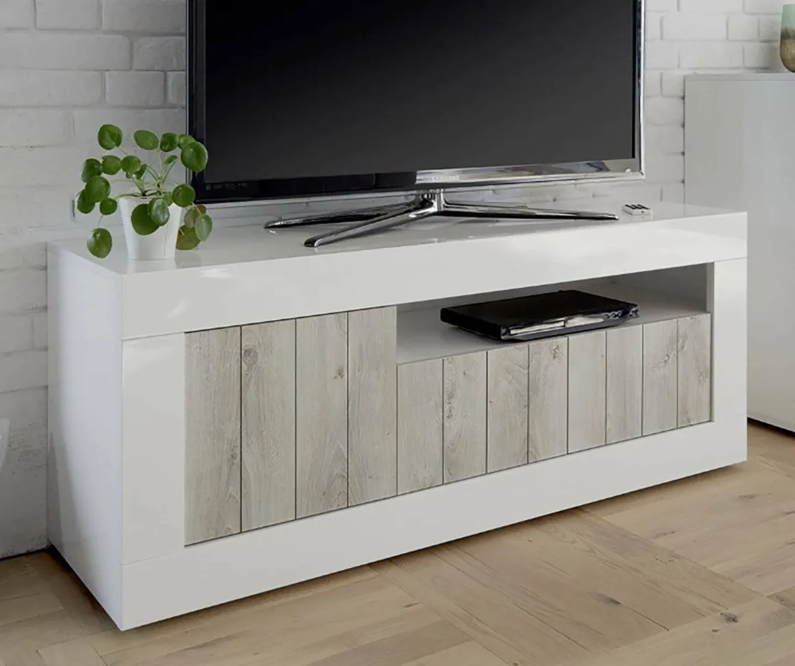 Mobili Porta Tv > Dmora Mobile TV bianco lucido e acacia 184x42x58h cm in legno - Arkangel Marrone Acacia, Bianco Lucido