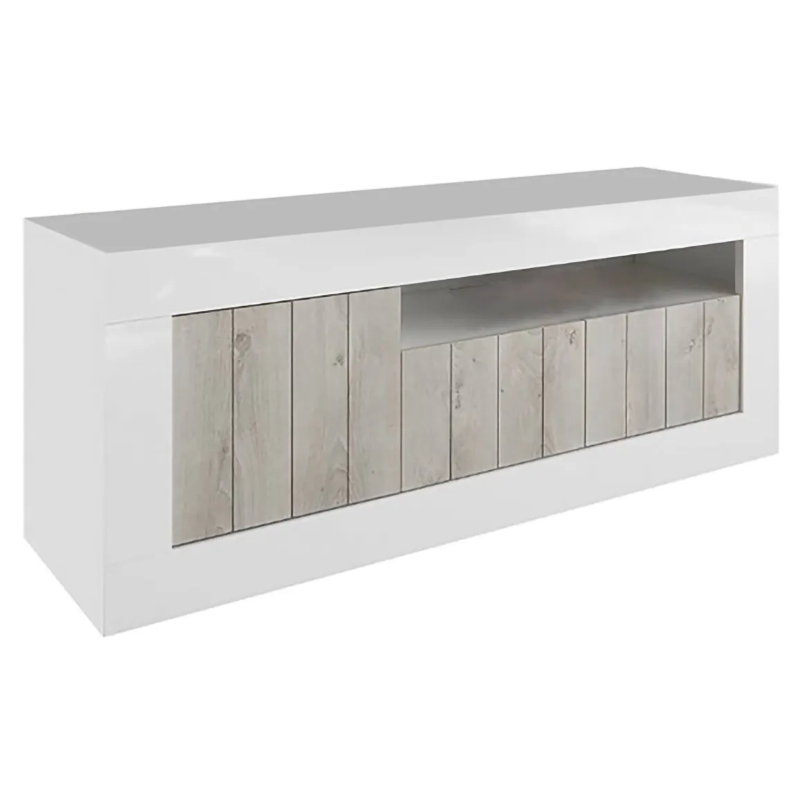 Mobili Porta Tv > Dmora Mobile TV bianco lucido e acacia 184x42x58h cm in legno - Arkangel Marrone Acacia, Bianco Lucido