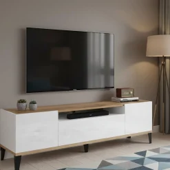 Mobile TV bianco lucido e acero 160x40x47h cm 2 ante e 1 cassetto - Argentoro