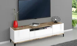 Mobile TV bianco lucido e acero 160x40x47h cm 2 ante e 1 cassetto - Argentoro