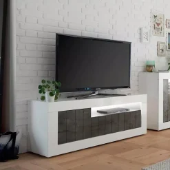 Mobile TV bianco lucido e ardesia 138x42x56h cm 3 ante - Iole