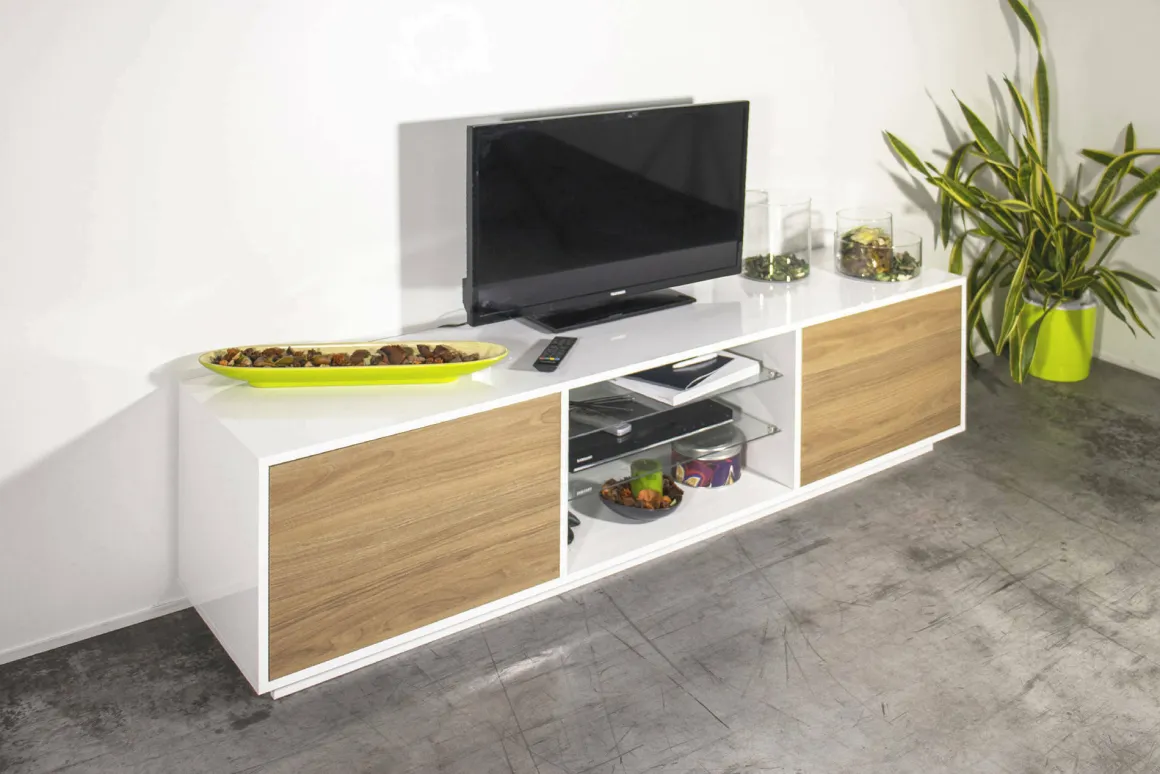 Salotto > Dmora Mobile TV bianco lucido e noce 220x41x46h cm 4 ante e 1 cassetto - Ajuly Marrone Noce, Bianco Lucido