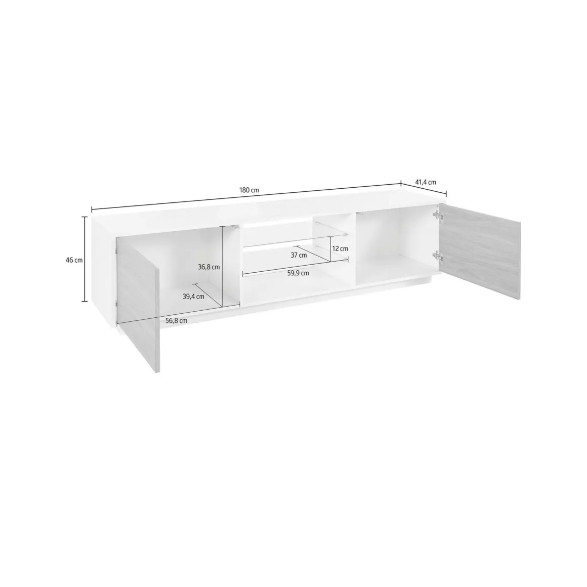 Salotto > Dmora Mobile TV bianco lucido e noce 220x41x46h cm 4 ante e 1 cassetto - Ajuly Marrone Noce, Bianco Lucido
