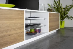 Salotto > Dmora Mobile TV bianco lucido e noce 220x41x46h cm 4 ante e 1 cassetto - Ajuly Marrone Noce, Bianco Lucido