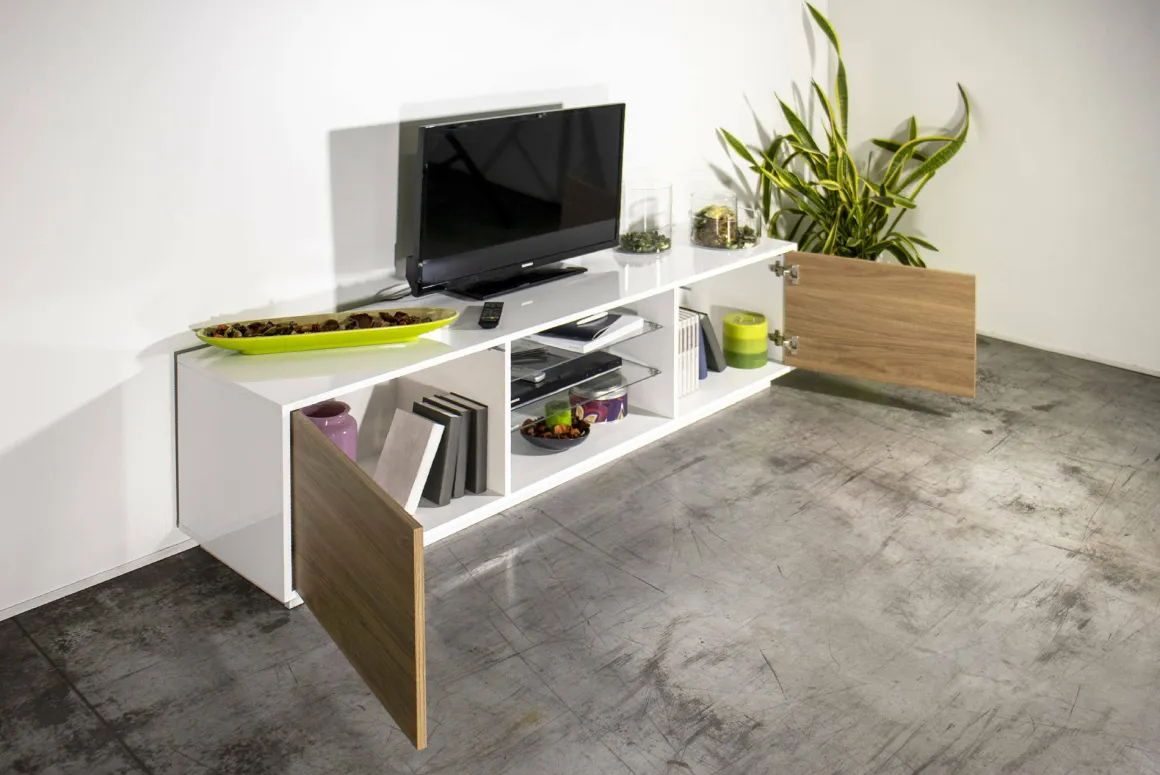 Salotto > Dmora Mobile TV bianco lucido e noce 220x41x46h cm 4 ante e 1 cassetto - Ajuly Marrone Noce, Bianco Lucido