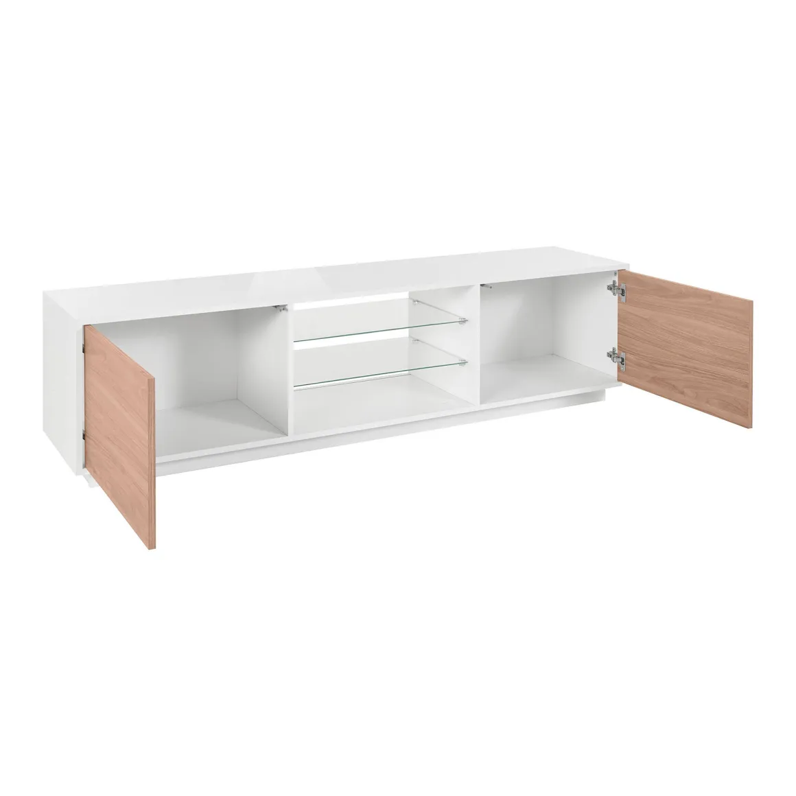 Salotto > Dmora Mobile TV bianco lucido e noce 220x41x46h cm 4 ante e 1 cassetto - Ajuly Marrone Noce, Bianco Lucido