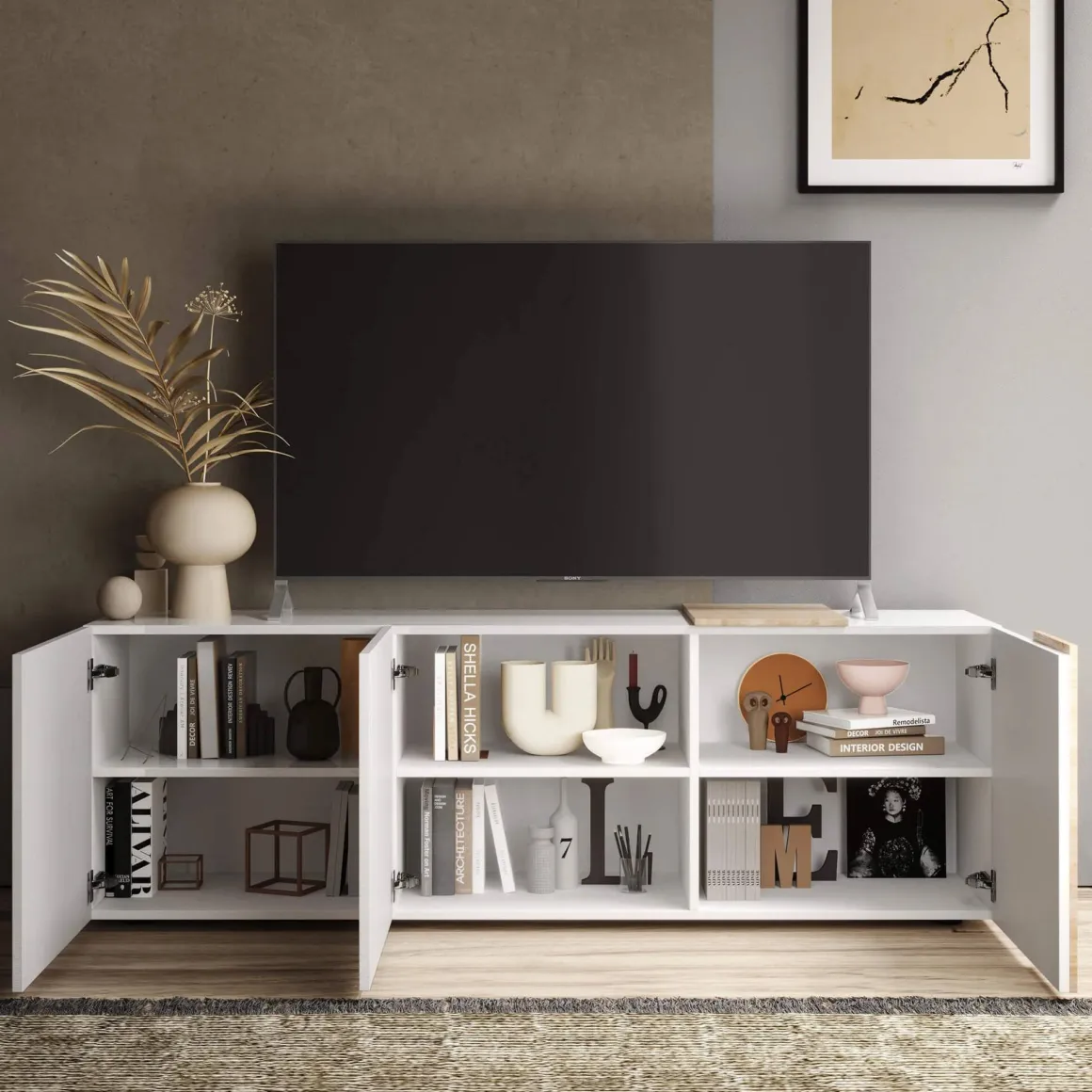 Mobile TV bianco lucido e rovere 181x44x59h cm 3 ante - Sidr