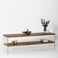 Mobili Porta Tv > Dmora Mobile TV marrone e trasparente 140x35x45h cm in legno - Umbria Trasparente, Marrone