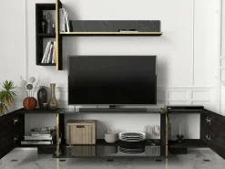 Mobili Porta Tv|Salotto > Dmora Mobile TV nero e oro 180x32x45h cm 3 ante - Beinasco Oro, Nero