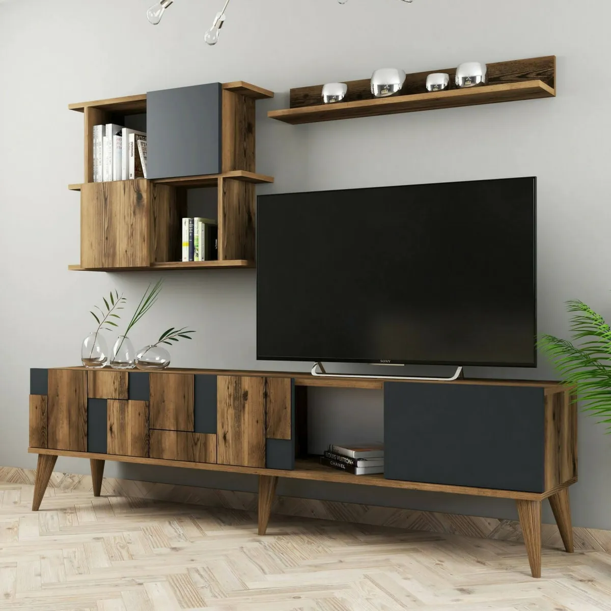 Mobili Porta Tv|Salotto > Dmora Mobile TV noce e antracite 180x33x48h cm 4 ante - Dora Nero Antracite, Marrone Noce