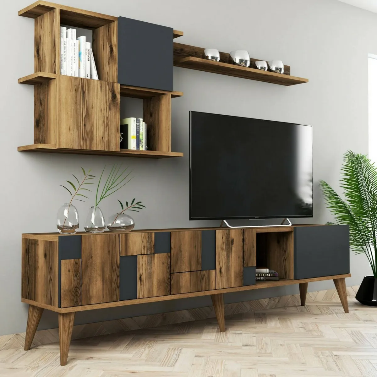 Mobili Porta Tv|Salotto > Dmora Mobile TV noce e antracite 180x33x48h cm 4 ante - Dora Nero Antracite, Marrone Noce