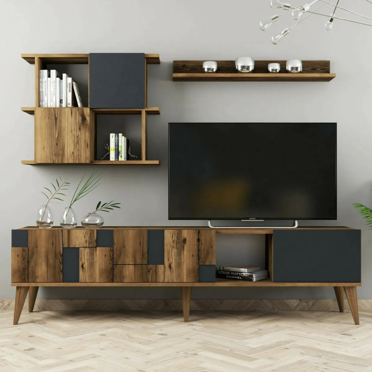 Mobili Porta Tv|Salotto > Dmora Mobile TV noce e antracite 180x33x48h cm 4 ante - Dora Nero Antracite, Marrone Noce