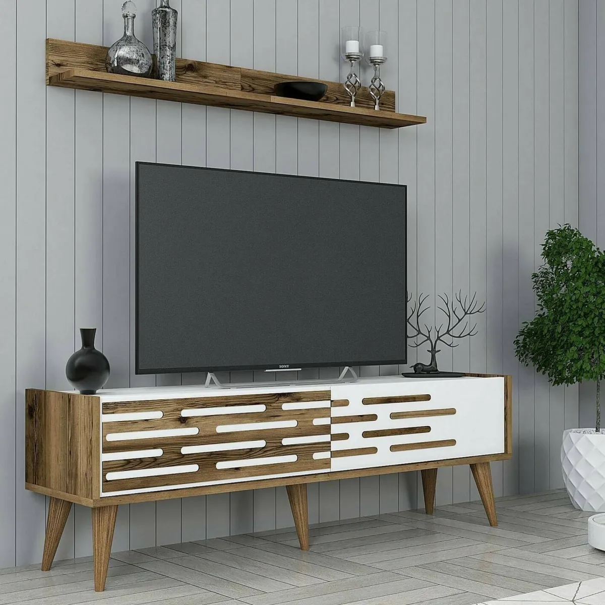 Mobili Porta Tv|Salotto > Dmora Mobile TV noce e bianco 140x45x35h cm 2 ante - Arsiero Bianco, Marrone Noce