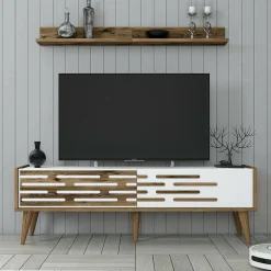 Mobili Porta Tv|Salotto > Dmora Mobile TV noce e bianco 140x45x35h cm 2 ante - Arsiero Bianco, Marrone Noce
