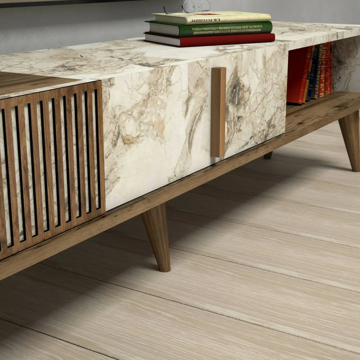 Mobile TV noce e bianco 180x35x40h cm 2 ante e 1 cassetto - Jakuchu