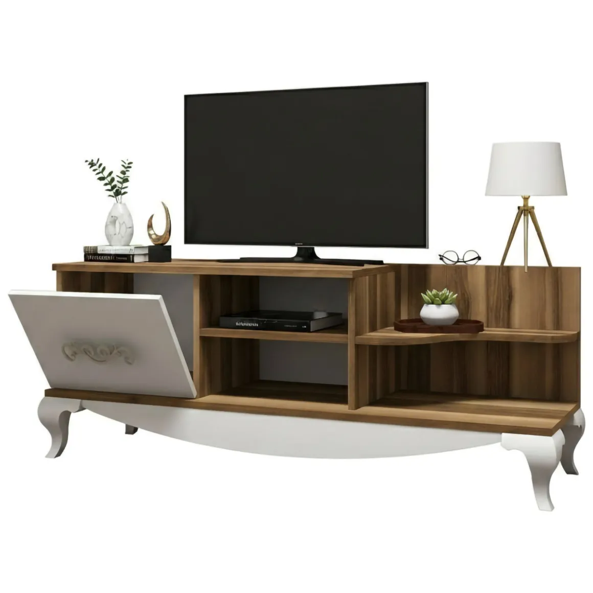Mobile TV noce e bianco 130x45x50h cm in legno - Assolo