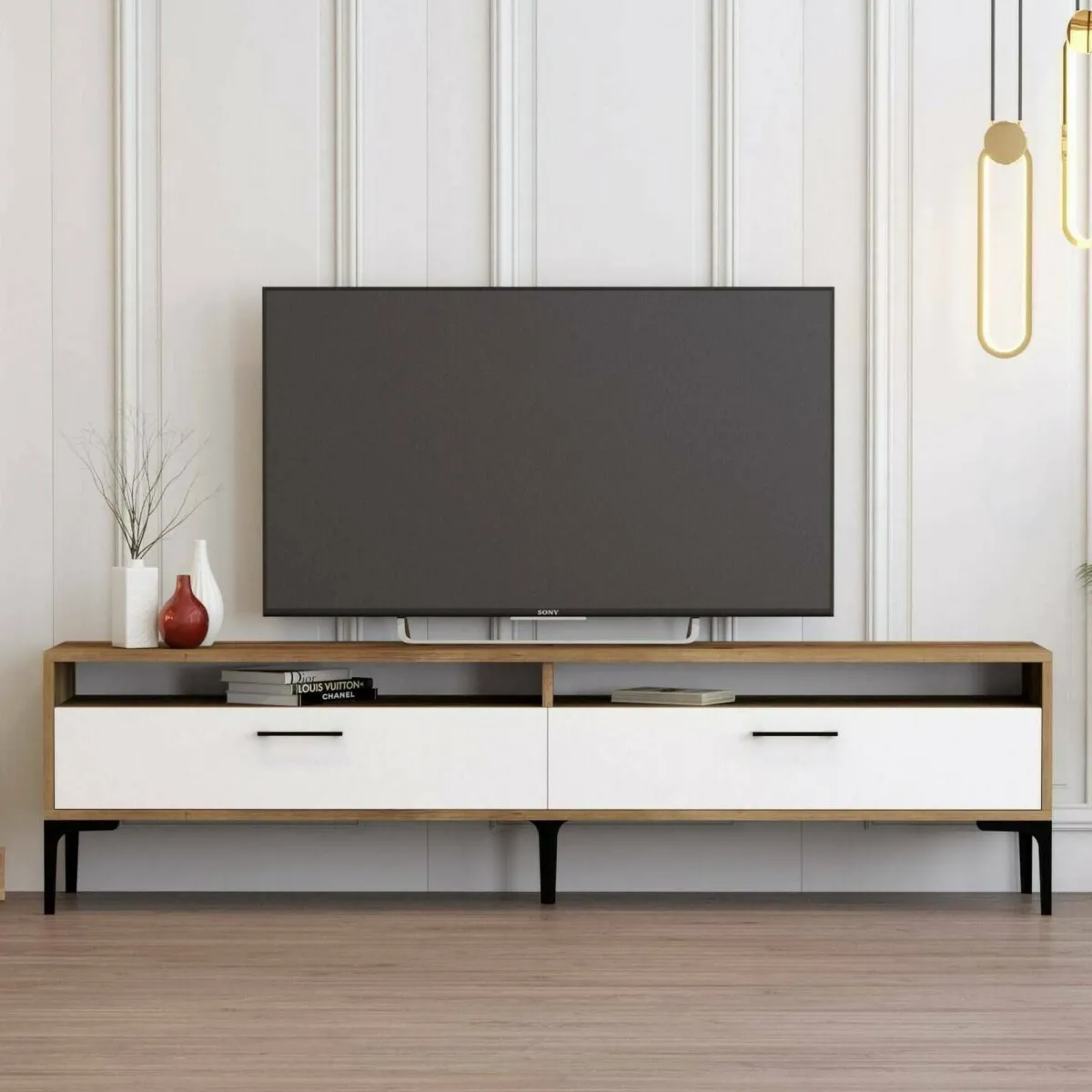 Mobili Porta Tv|Salotto > Dmora Mobile TV noce e bianco 47x35x180h cm modulabile - Angiari Bianco, Marrone Noce