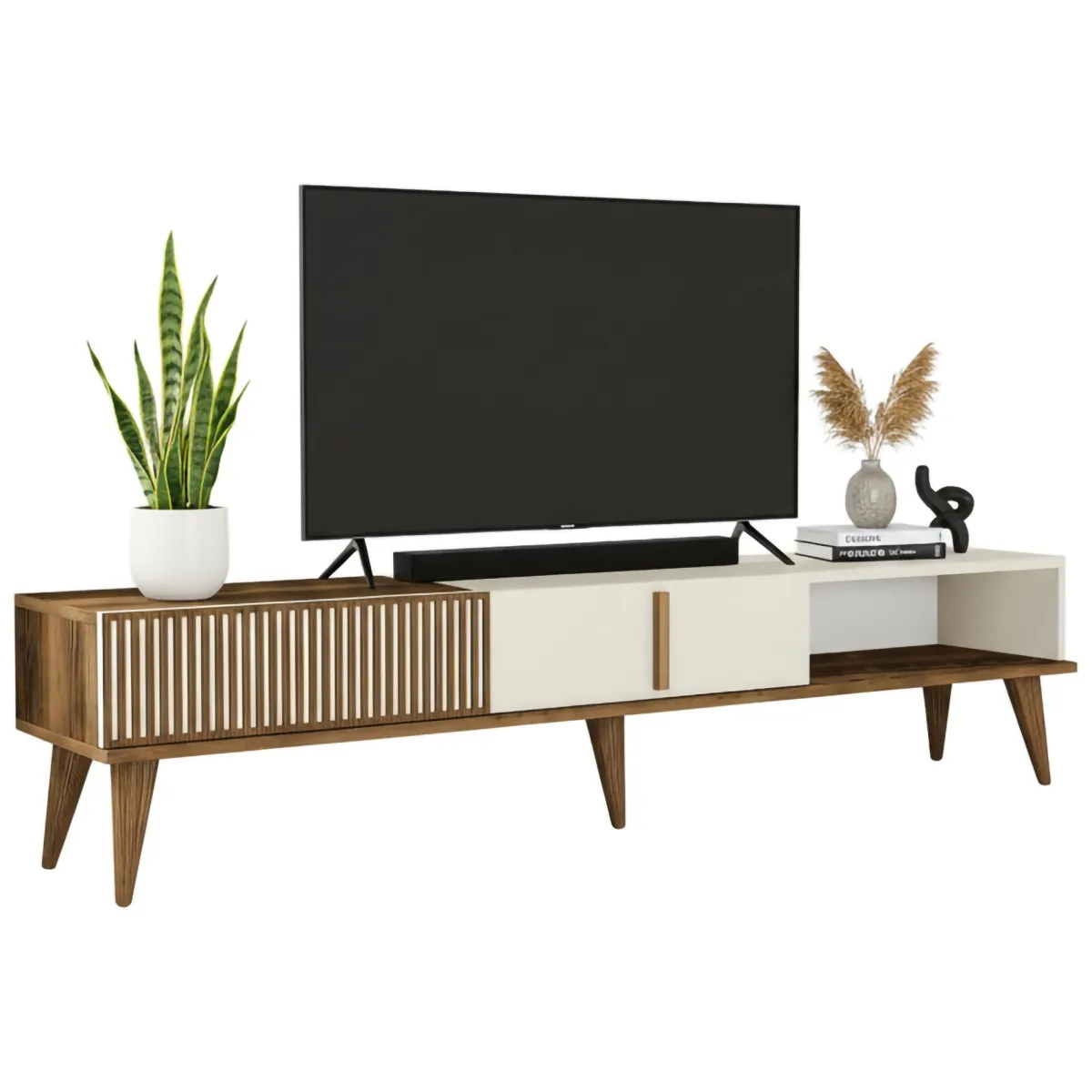Mobili Porta Tv > Dmora Mobile TV noce e crema 180x35x40h cm 2 ante - Gordon Bianco Crema, Marrone Noce