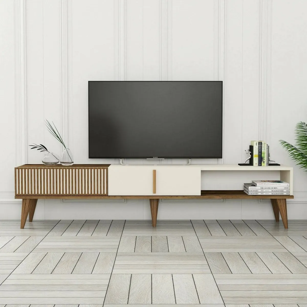 Mobili Porta Tv > Dmora Mobile TV noce e crema 180x35x40h cm 2 ante - Gordon Bianco Crema, Marrone Noce