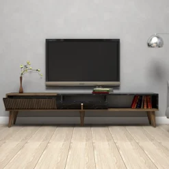 Mobili Porta Tv > Dmora Mobile TV noce e nero 180x35x40h cm in legno - Gordon Nero, Marrone Noce