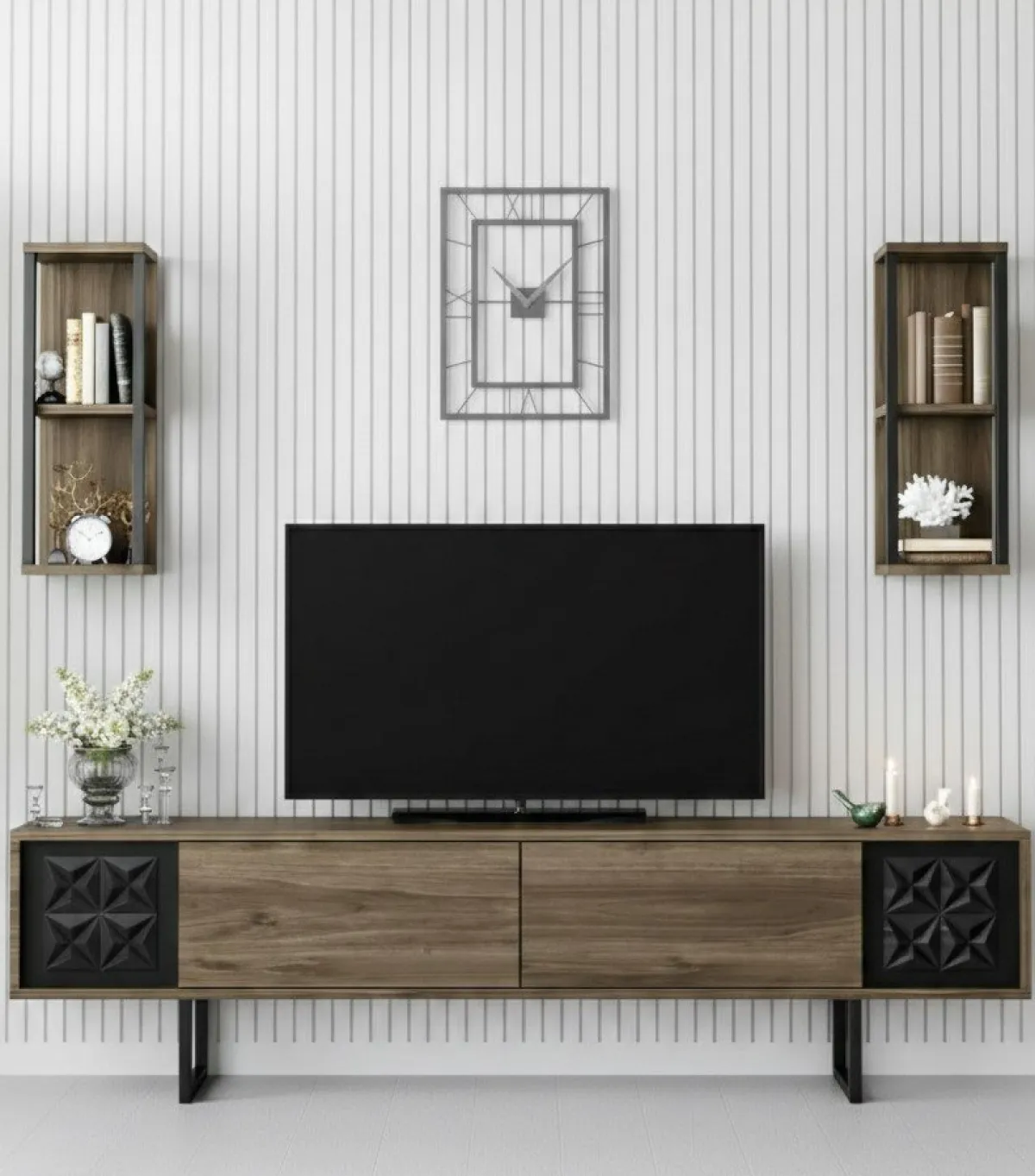 Mobili Porta Tv|Salotto > Dmora Mobile TV noce e nero 180x30x48h cm modulabile - Axa Nero, Marrone Noce