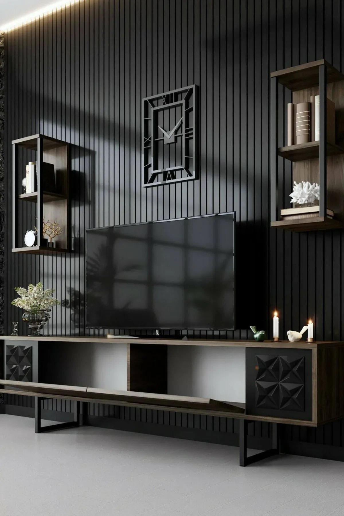 Mobili Porta Tv|Salotto > Dmora Mobile TV noce e nero 180x30x48h cm modulabile - Axa Nero, Marrone Noce