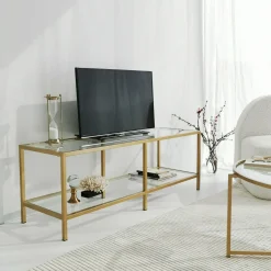 Mobili Porta Tv|Salotto > Dmora Mobile TV 130x40x45h cm in metallo - Donata Oro