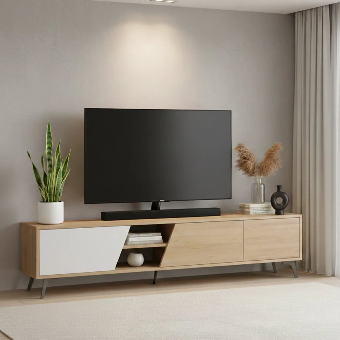 Mobili Porta Tv|Salotto > Dmora Mobile TV quercia e bianco 180x44x44h cm 3 ante - Asellina Bianco, Marrone Quercia