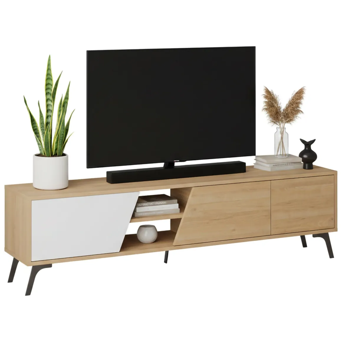 Mobili Porta Tv|Salotto > Dmora Mobile TV quercia e bianco 180x44x44h cm 3 ante - Asellina Bianco, Marrone Quercia