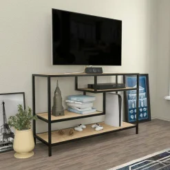 Mobili Porta Tv|Salotto > Dmora Mobile TV quercia e nero 130x45x50h cm in legno - Cyprien Nero, Marrone Quercia
