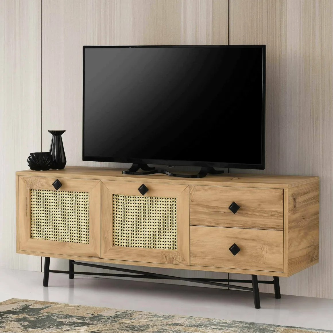 Mobili Porta Tv > Dmora Mobile TV quercia e nero 147x41x54h cm 2 ante e 1 cassetto - Duchi Nero, Marrone Quercia
