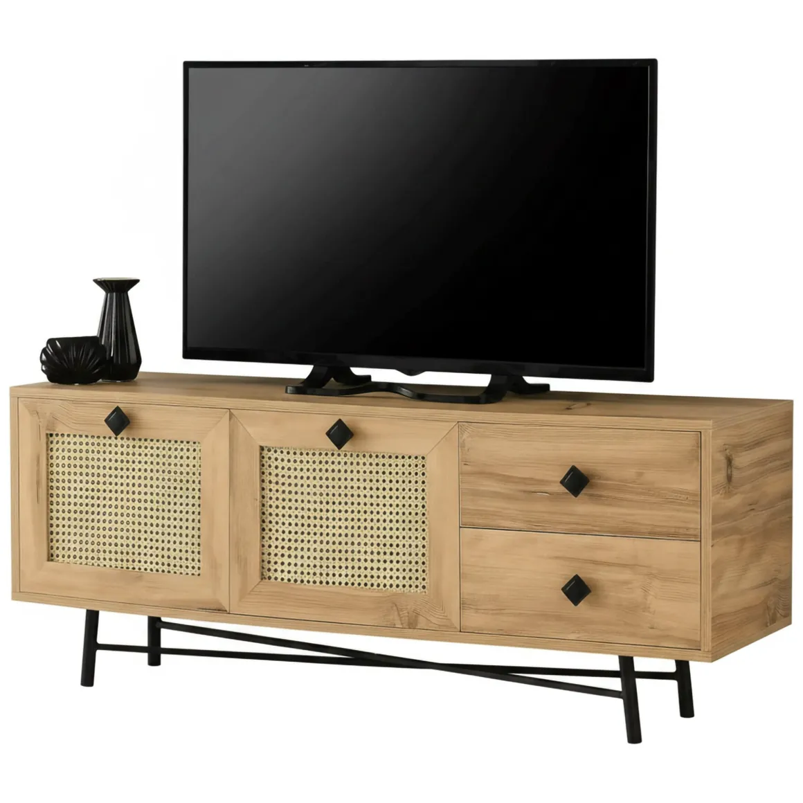 Mobili Porta Tv > Dmora Mobile TV quercia e nero 147x41x54h cm 2 ante e 1 cassetto - Duchi Nero, Marrone Quercia