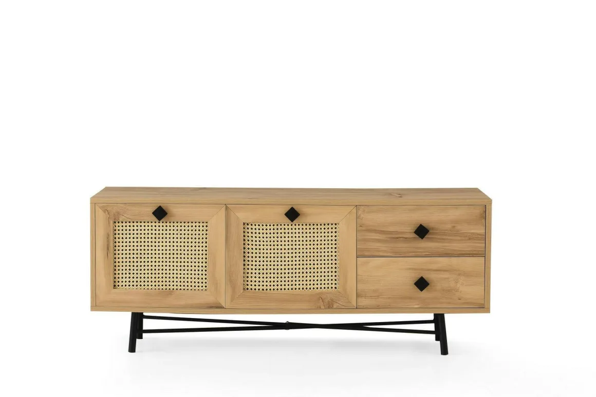 Mobili Porta Tv > Dmora Mobile TV quercia e nero 147x41x54h cm 2 ante e 1 cassetto - Duchi Nero, Marrone Quercia
