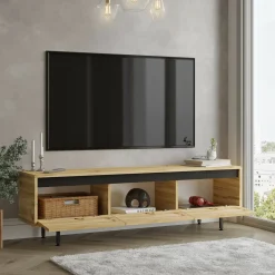 Mobili Porta Tv|Salotto > Dmora Mobile TV quercia e nero 180x40x60h cm 3 ante - Assemini Nero, Marrone Quercia