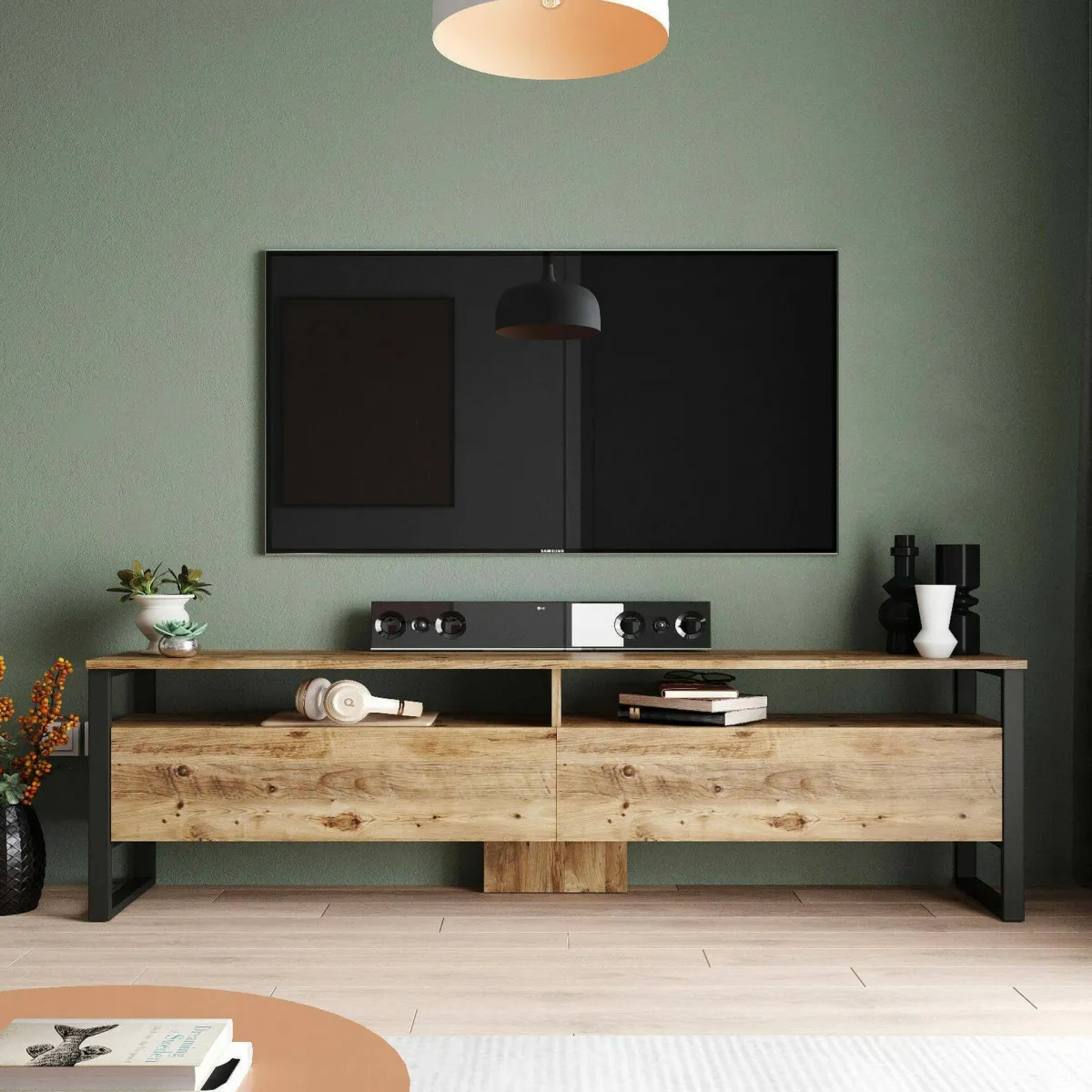 Mobili Porta Tv|Salotto > Dmora Mobile TV quercia 180x35x56h cm 2 ante - Khartum Marrone Quercia