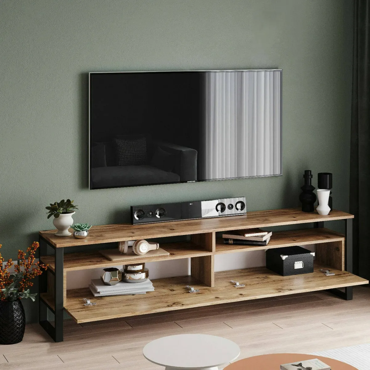 Mobili Porta Tv|Salotto > Dmora Mobile TV quercia 180x35x56h cm 2 ante - Khartum Marrone Quercia