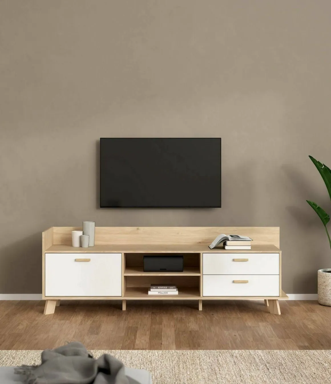 Mobile TV rovere e bianco 181x51x61h cm 2 ante e 1 cassetto - Agathis