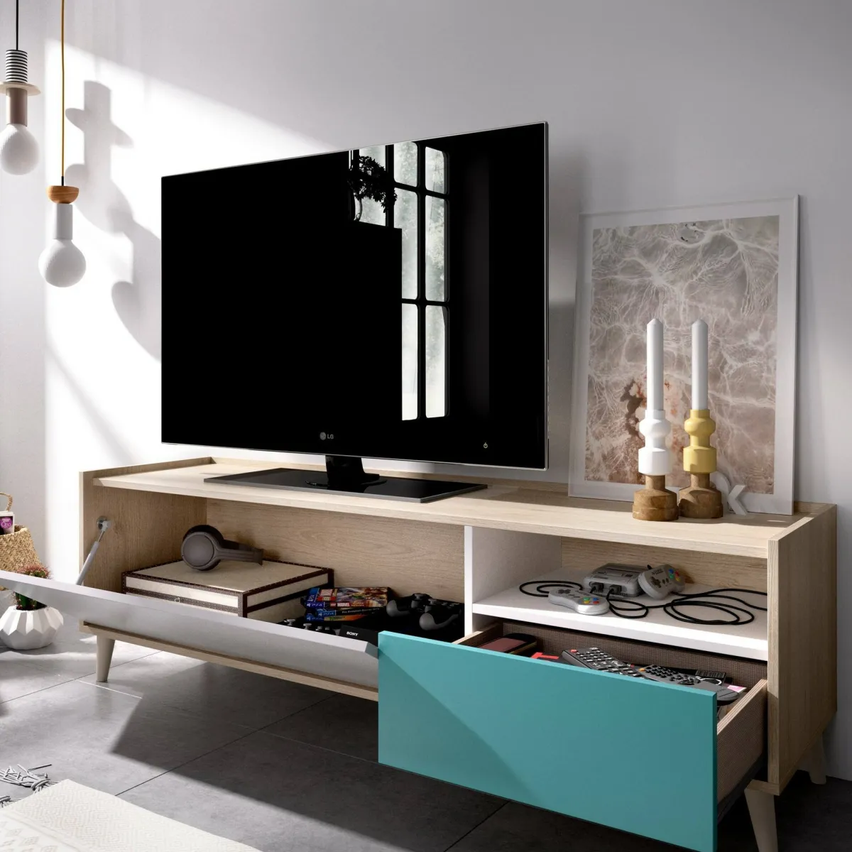 Mobili Porta Tv|Salotto > Dmora Mobile TV rovere e grigio 155x43x47h cm modulabile con 1 cassetto - Axterix Grigio, Marrone Rovere